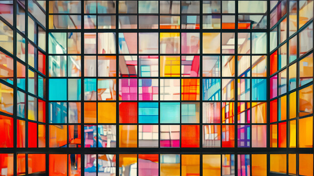 Colorful Abstract mosaic background, a vibrant and modern room with a wall of colorful glass panels in red, blue, yellow, and other bright colors, a Korean traditional style color combination