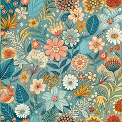 Seamless pattern of abstract floral doodles in playful colors, Generative AI