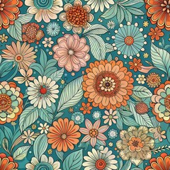 Seamless pattern of abstract floral doodles in playful colors, Generative AI