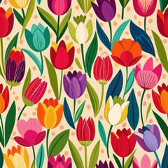 Seamless pattern of blooming tulips in a rainbow of colors, Generative AI