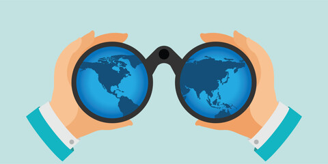 Businessman look through binoculars with world map.