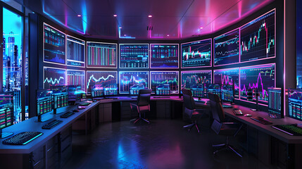 A room with many big screens for crypto trading bitcoin trading