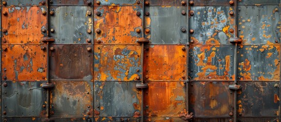 Old metal panels displaying signs of rust and peeling paint, showcasing a weathered and aged appearance