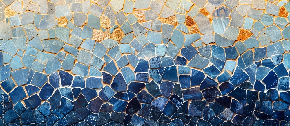 Poster detailed view showing a combination of blue and yellow mosaic tiles creating a decorative wall patte