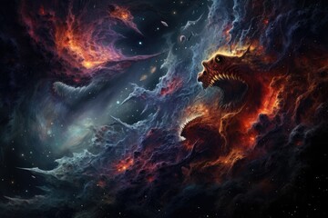 Nebula Nightmares: Creatures emerging from a colorful nebula in deep space.