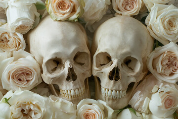 skulls and roses, closeup, two skulls, white roses, light pink, romantic composition, photorealistic // ai-generated 