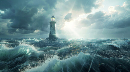 Illustration of ocean landscape. Lighthouse in rainy weather
