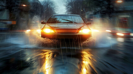 car in motion with switched on headlights driving in the rain - obrazy, fototapety, plakaty