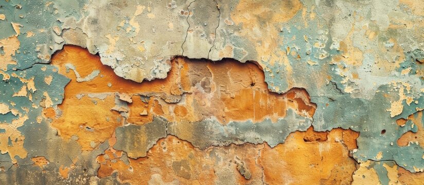 Close-up of an old wall showing signs of wear and tear, with cracks and peeling paint revealing layers underneath