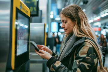 Woman Using Smartphone to Interact with Digital Kiosk. Young woman uses her smartphone in front of a digital kiosk, showcasing the integration of mobile technology with public digital services. - obrazy, fototapety, plakaty
