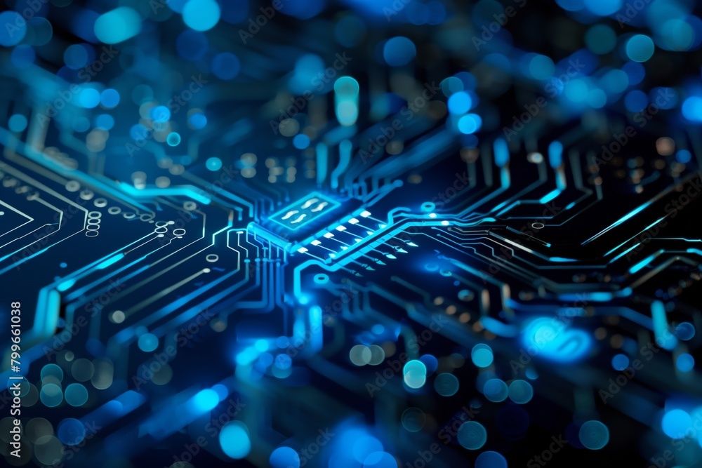 Poster abstract glowing blue circuit board background. abstract close-up view of a blue glowing circuit boa