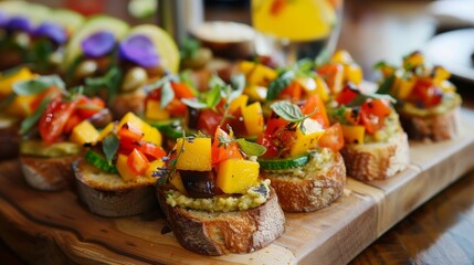 A platter of sweet and savory bitesized crostini with hummus roasted vegetables and a mango and lime mocktail.
