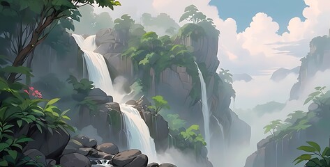 A majestic waterfall cascading down a rocky cliff, surrounded by lush greenery and misty clouds.