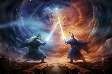 Space Wizard Duel: Wizards battling with magic in a cosmic arena.