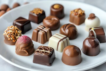 Obraz na płótnie Canvas An assortment of gourmet chocolates displayed elegantly on a pure white plate