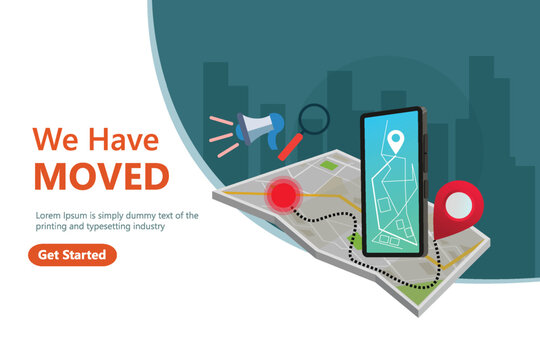 We have moved vector illustration concept. We have moved new office icon location. Change location announcement business home map