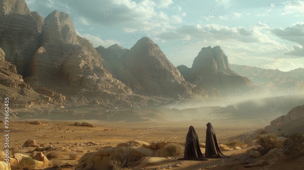 Poster a desert oasis surrounded by mystical mountains where a group of sorcerers gather to discuss and unr