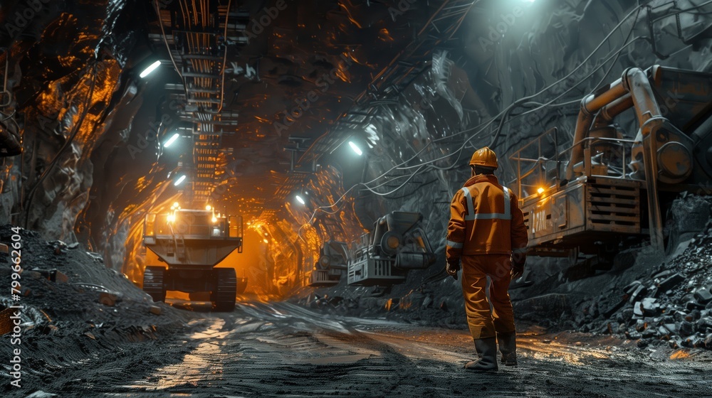 Poster miner in reflective clothing observes the operation of massive mining machinery in a cavernous under
