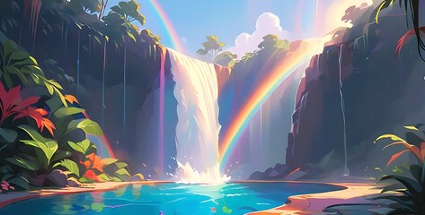 A powerful waterfall crashing into a deep pool, its misty spray creating a rainbow in the sunlight - Powered by Adobe