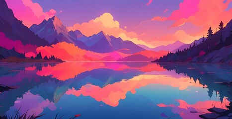 A serene lake nestled in the mountains, reflecting the vibrant colors of the sunset.
