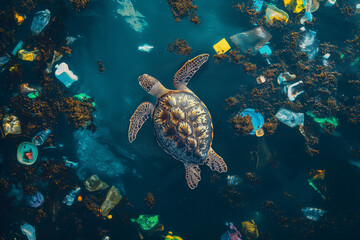Naklejka premium “Adrift Amidst Pollution” A sea turtle navigates through water cluttered with various types of plastic waste, highlighting the urgent issue of ocean pollution.