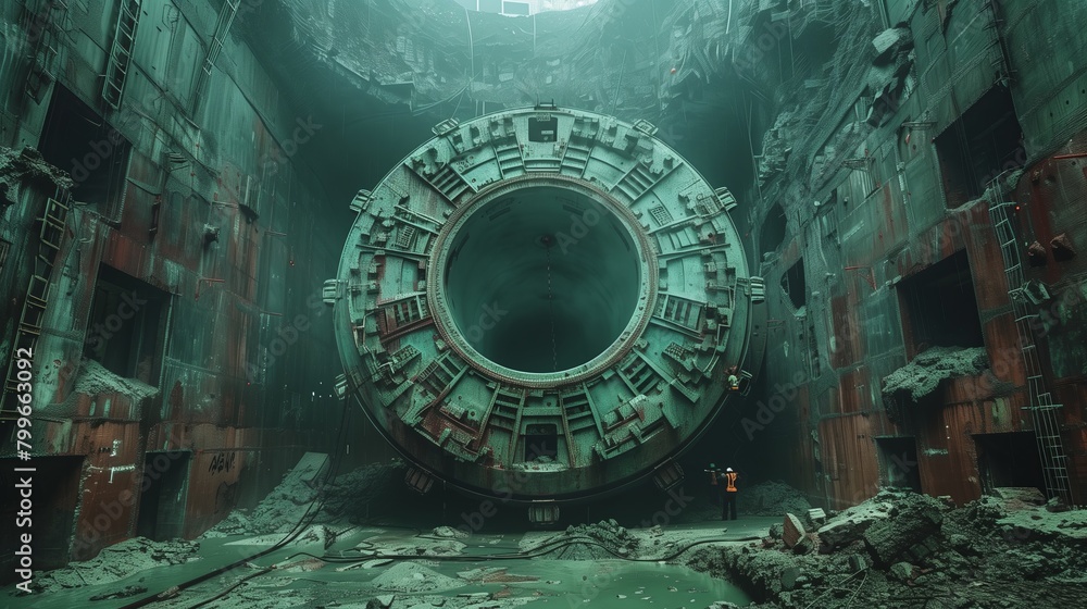 Poster subterranean tunnel boring machine front view. worker in a high-vis vest stands before the enormous 
