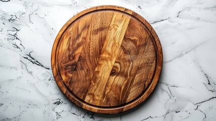 Empty wooden round board on white stone kitchen table, top view, flat lay, Wooden pizza platter, copy space