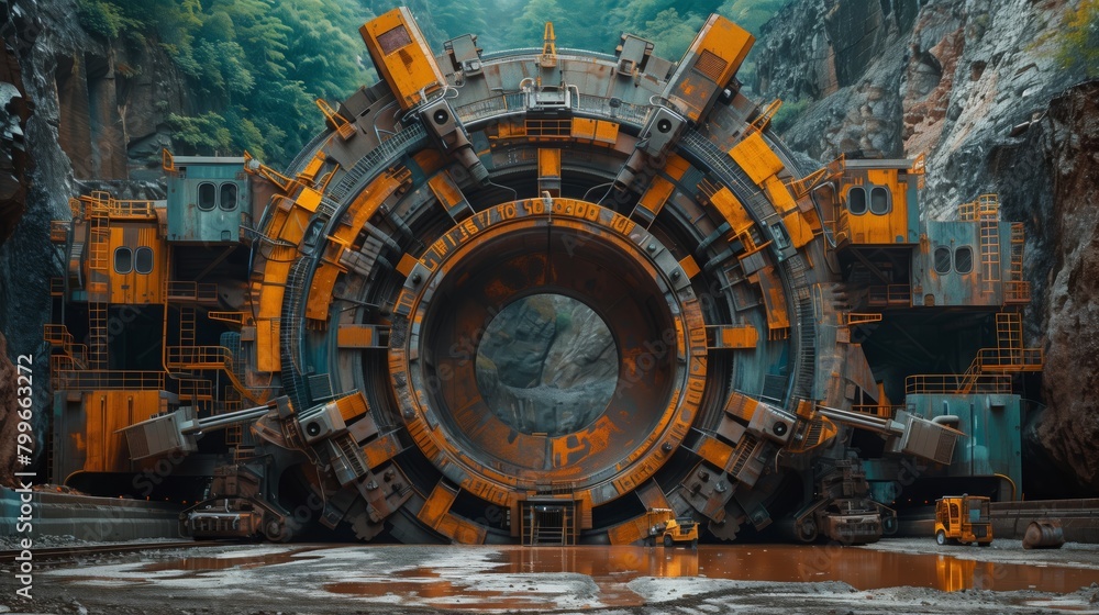 Poster frontal view of a tunnel boring machine at cliffside. tunnel boring machine with a complex structure