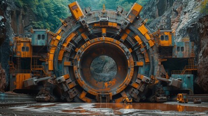 Frontal View of a Tunnel Boring Machine at Cliffside. Tunnel boring machine with a complex structure is stationed at a cliffside, ready for an excavation project. - obrazy, fototapety, plakaty