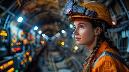 Female Engineer Monitoring Tunnel Boring Machine Head. Female engineer in a hard hat and headlamp oversees the operation of an advanced tunnel boring machine within an underground construction site.