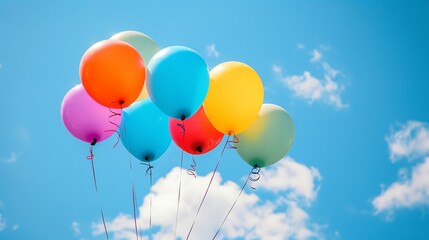 Colorful balloons floating against a sunny blue sky