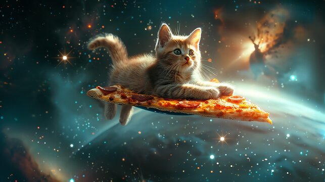 Cat floating through outer space, riding a giant slice of pizza as a makeshift spaceship