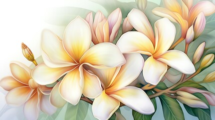 Tropical scene with plumeria and magnolia blossoms, focus on their distinct fragrances and bold, creamy petals