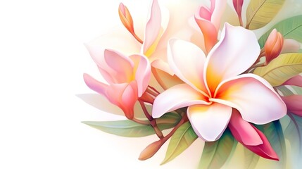 Obraz na płótnie Canvas Tropical scene with plumeria and magnolia blossoms, focus on their distinct fragrances and bold, creamy petals