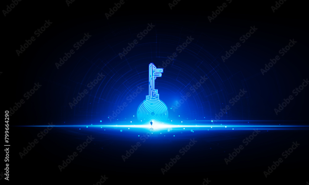 Poster abstract businessman key door open light out technology and question mark background hitech communic