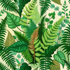 Seamless pattern of lush greenery with ferns, ivy, and moss, Generative AI