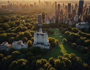 Aerial Helicopter Photo Over Central Park with Nature, Trees, People Having Picnic and Resting on a Field Around Manhattan Skyscrapers Cityscape. Beautiful Evening with Warm Sunset Light - obrazy, fototapety, plakaty