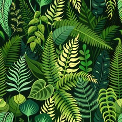 Seamless pattern of lush greenery with ferns, ivy, and moss, Generative AI