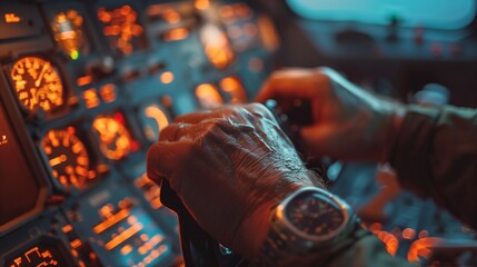 Pilot's Hand Adjusting Aircraft Throttle. Pilot's hand with a wristwatch adjusting the throttle in a detailed view of an aircraft's illuminated cockpit. - obrazy, fototapety, plakaty