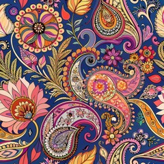 Seamless pattern of intricate paisley designs accented with floral elements, Generative AI