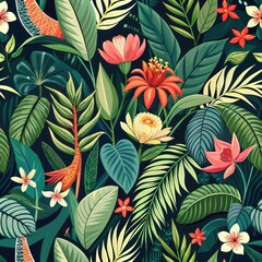 Seamless pattern of lush tropical foliage intertwined with exotic flowers, Generative AI