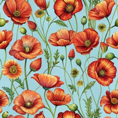 Seamless pattern of vibrant poppies swaying in a summer breeze, Generative AI