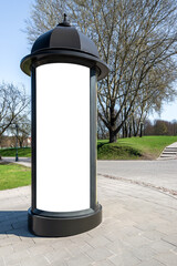 Blank White Mockup Of Retro Style Street Advertising Column Display On Sidewalk