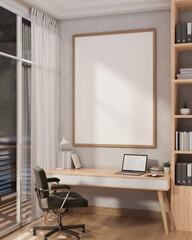 The interior design of a contemporary minimalist home office features a laptop on a wooden desk.