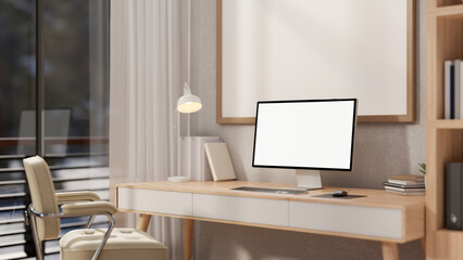 A contemporary minimalist home office features a white-screen computer mockup on a wooden desk.