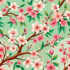 Seamless pattern of whimsical cherry blossom branches in full bloom, Generative AI