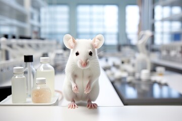 A small laboratory mouse looks into the camera while sitting among test tubes and flasks on a laboratory table. AI generated image.