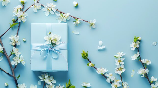 blue Gift box, Spring flower, clean composition, product photography, free space left background
