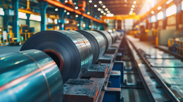 Industrial scene showcasing rolls of sheet metal in a factory setting, Concept of manufacturing, engineering, and industrialization