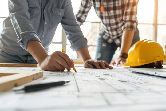 Architect and structural engineer examining building materials